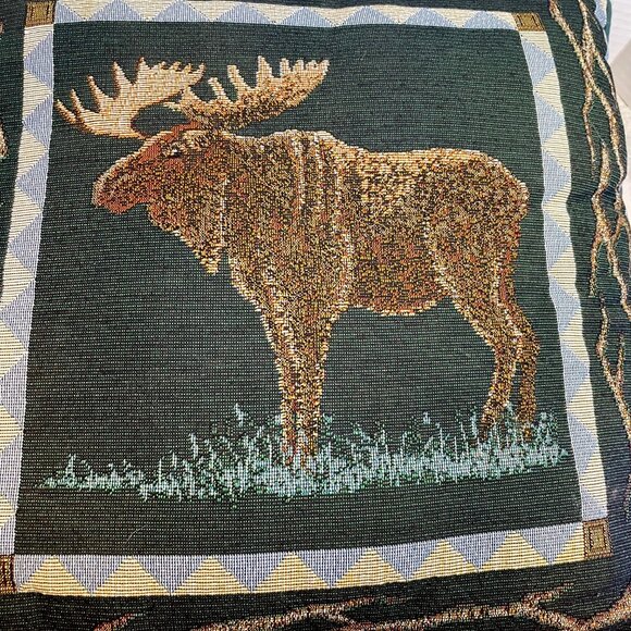 Moose Tapestry Decorative Throw Pillow 17x17 Inches Green & Tan Woodland Design - Picture 5 of 5